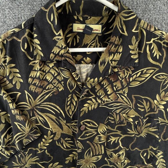 Tommy Bahama All Silk Floral Black Green Short Sleeve Camp Shirt Loop Collar Med - Picture 1 of 13